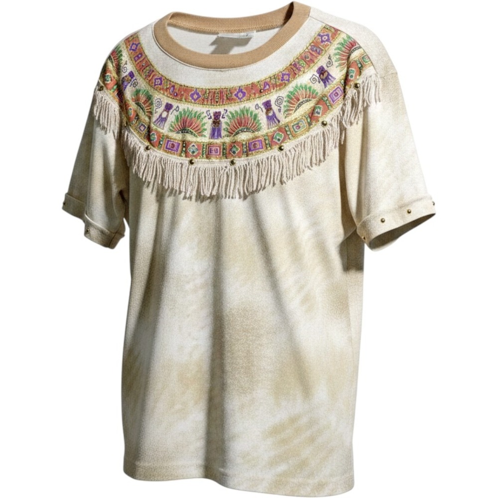 VTG 80s Rodeo T Shirt Ringer Tee‎ Fringe Boho Western Beige Sz S Tribal Aztec